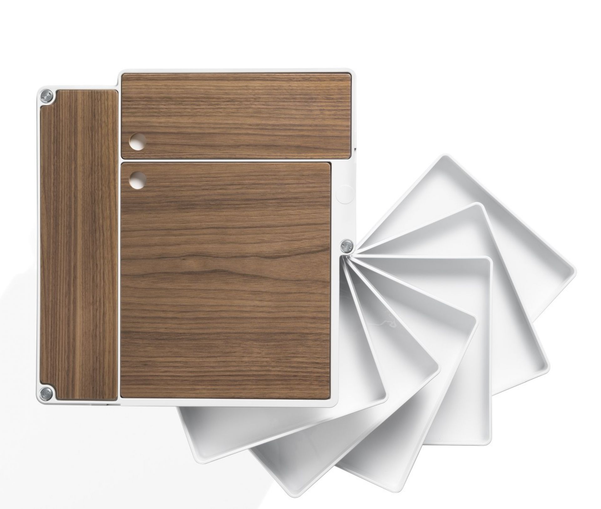 Boby BTOP Rollcontainer mit Canaletto Walnuss Platten und ausziehbaren Fächern.